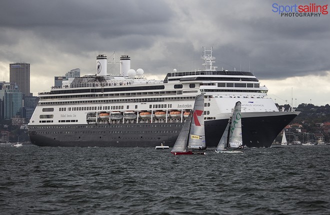 Cruise ship causes issues for some heading to the finish line...   - 18ft Skiff JJ Giltinan Championships 2013  © Beth Morley - Sport Sailing Photography http://www.sportsailingphotography.com